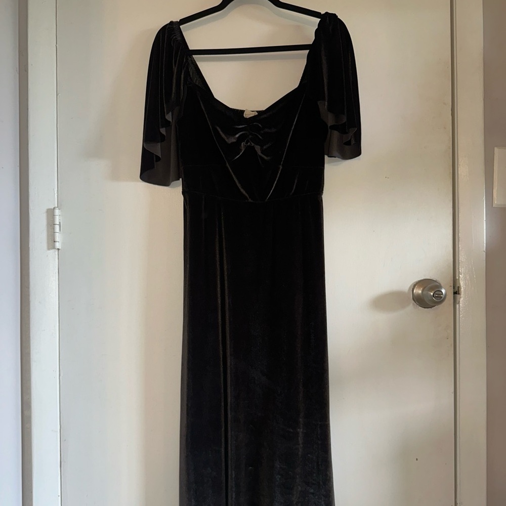 Joyfolie Alana Dress Slate Velvet Asymmetrical Hem, Cape Sleeve